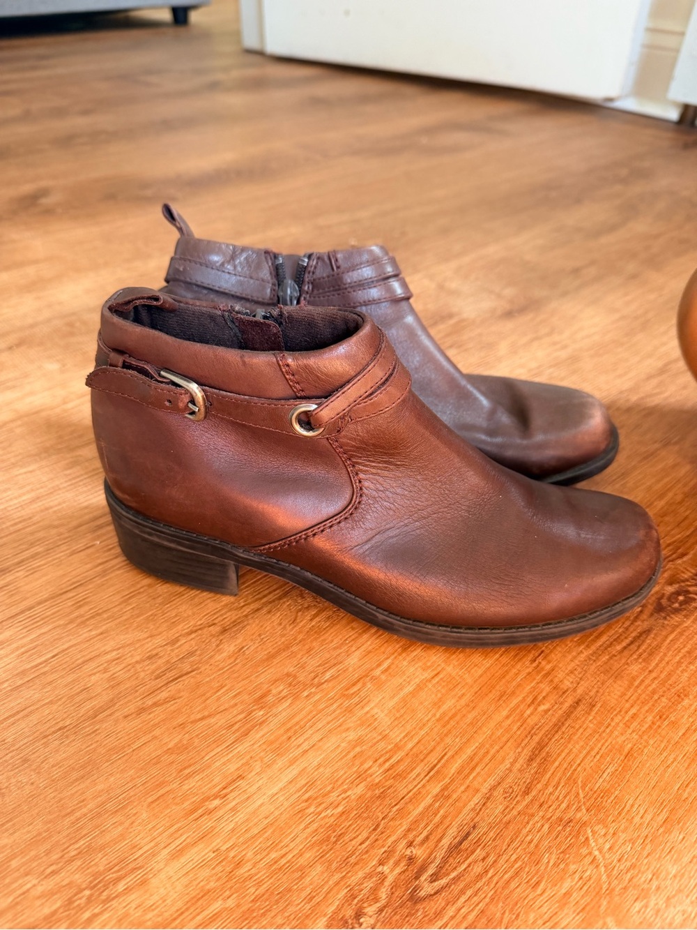 Clarks Brown Leather Ankle Booties Side Zip Strapped Buckle Accent Low Heel shoe